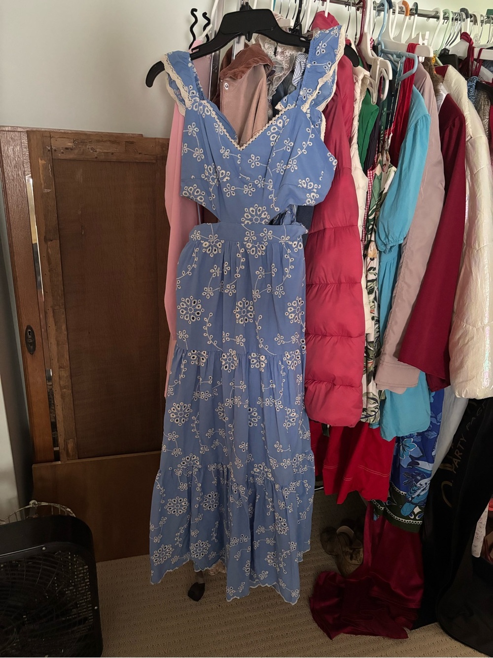 Women’s Blue Floral Eyelet Cutout Maxi Dress
